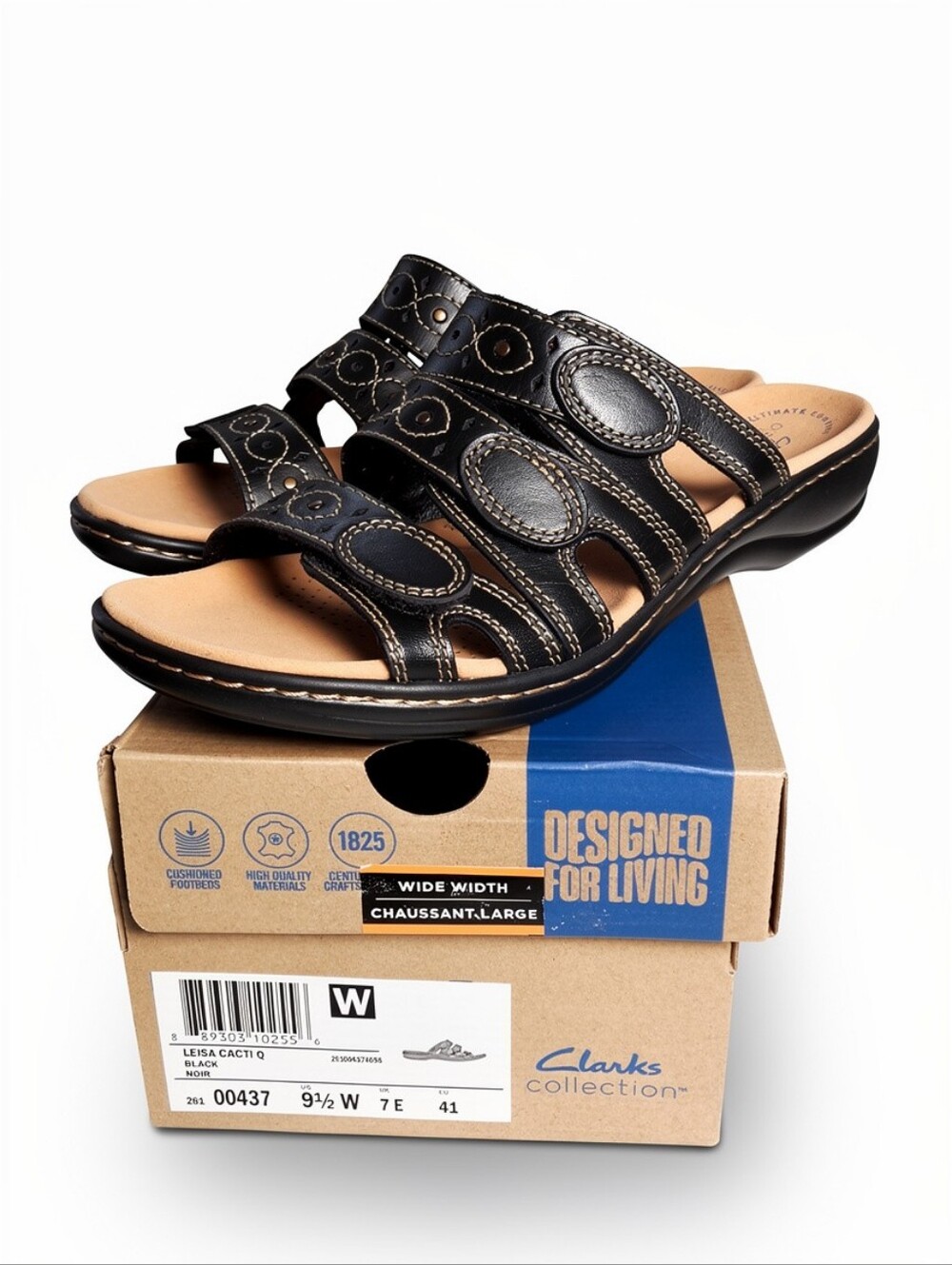 Clarks Leisa Cacti Q Leather Black Sandals NEW Women's Size 9.5W Wide